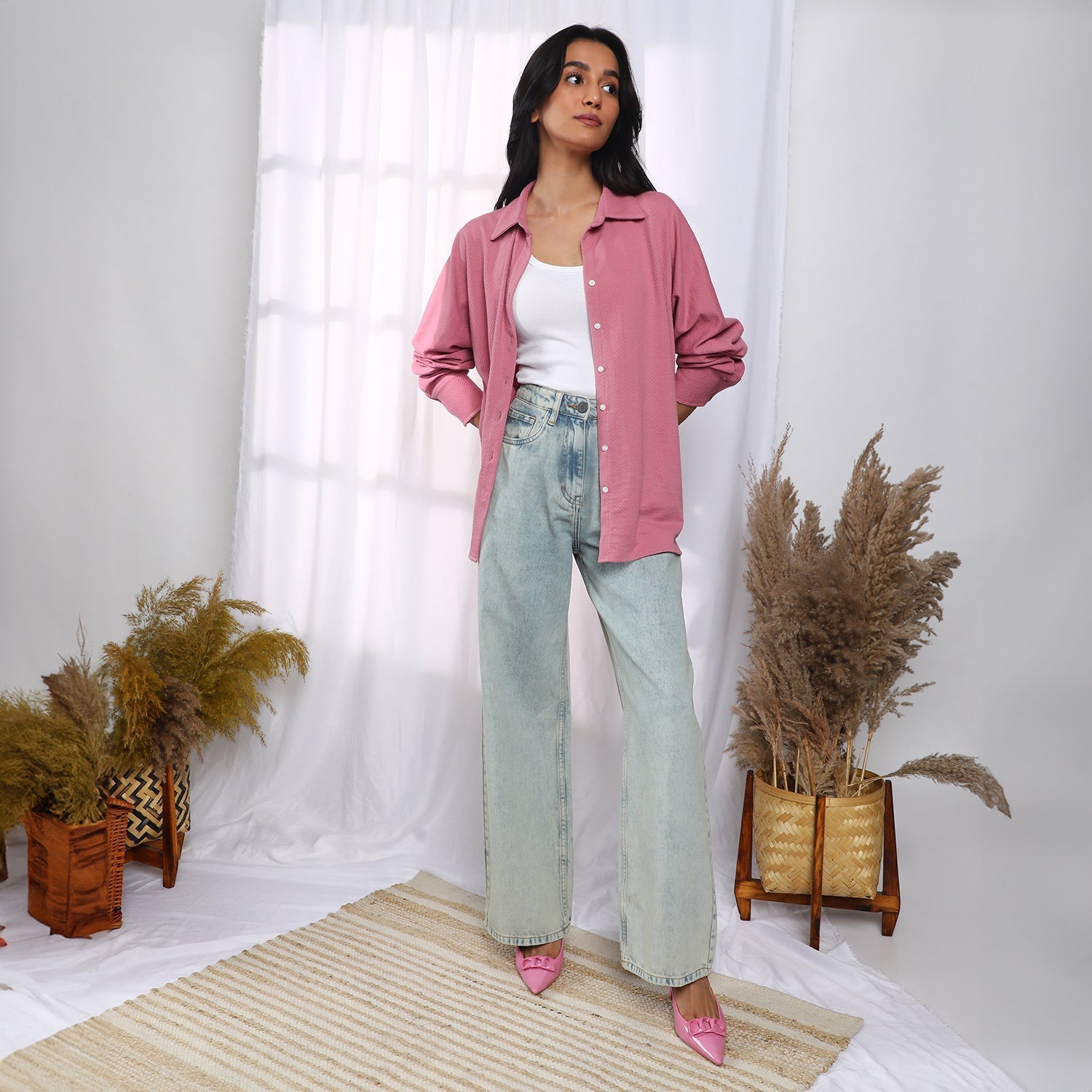 Women Pink Solid Woven Shirt