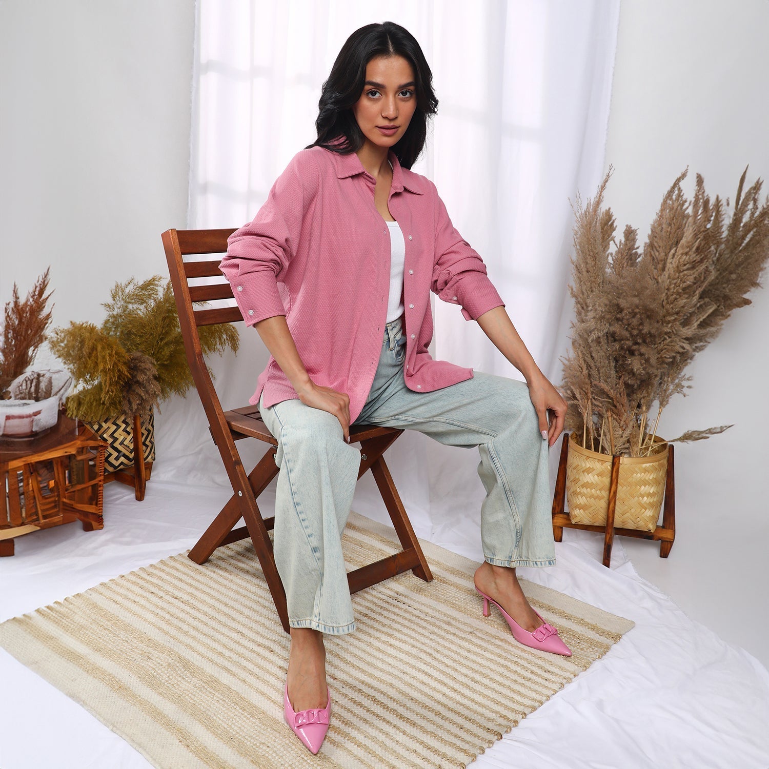 Women Pink Solid Woven Shirt