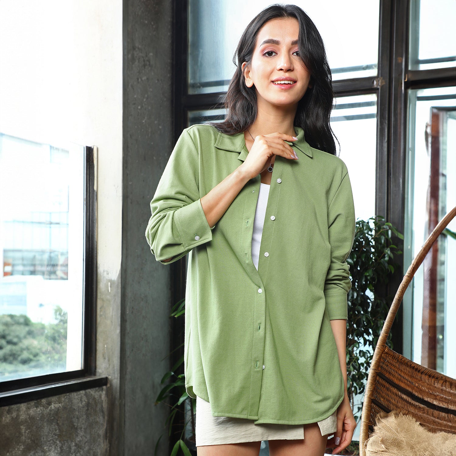 Women Green Solid Boxy Shirt