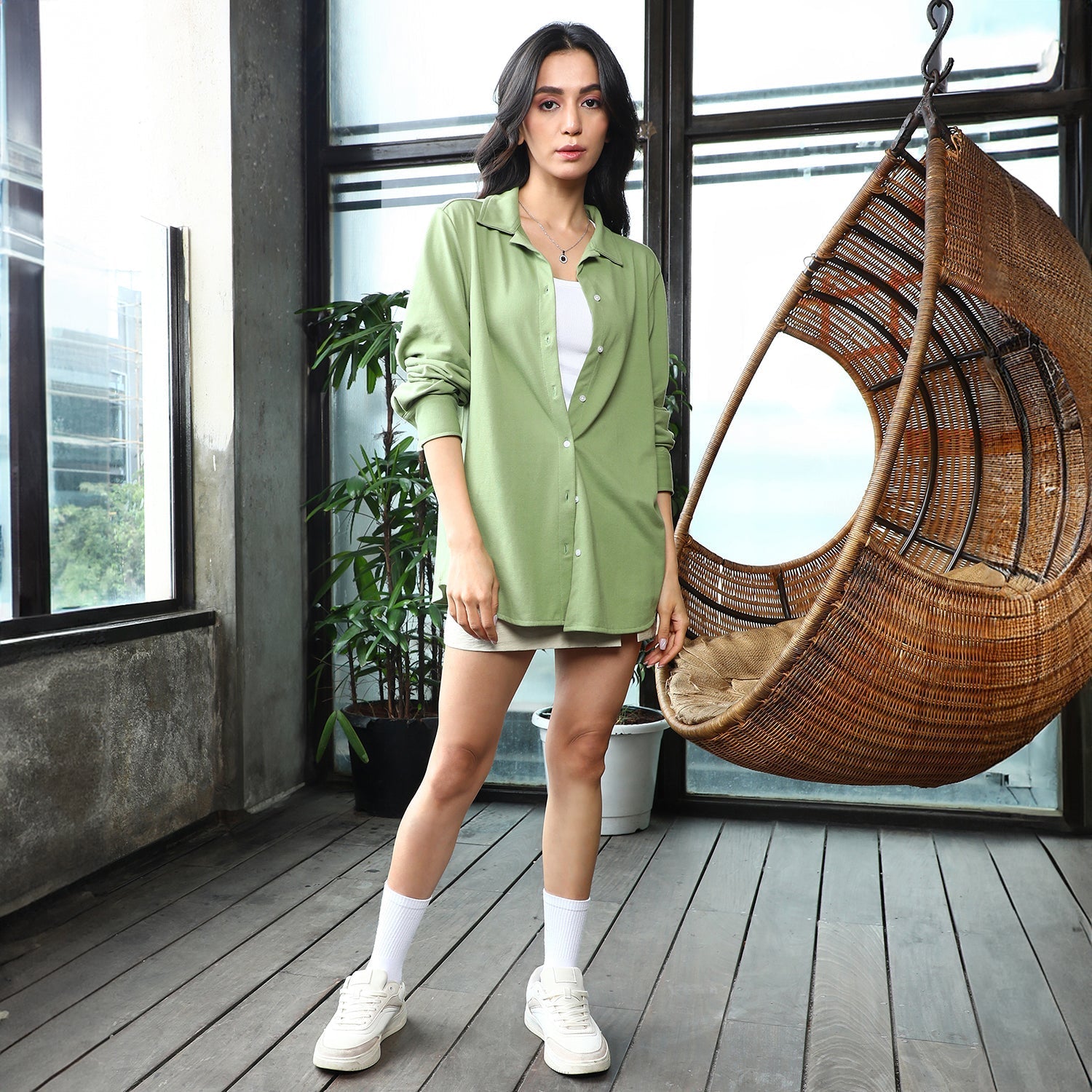 Women Green Solid Boxy Shirt
