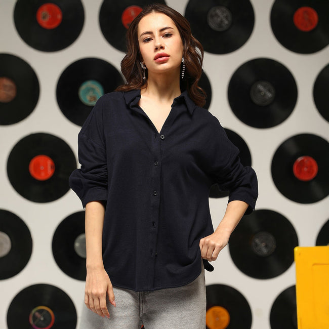 Women Blue Solid Oversized Shirt