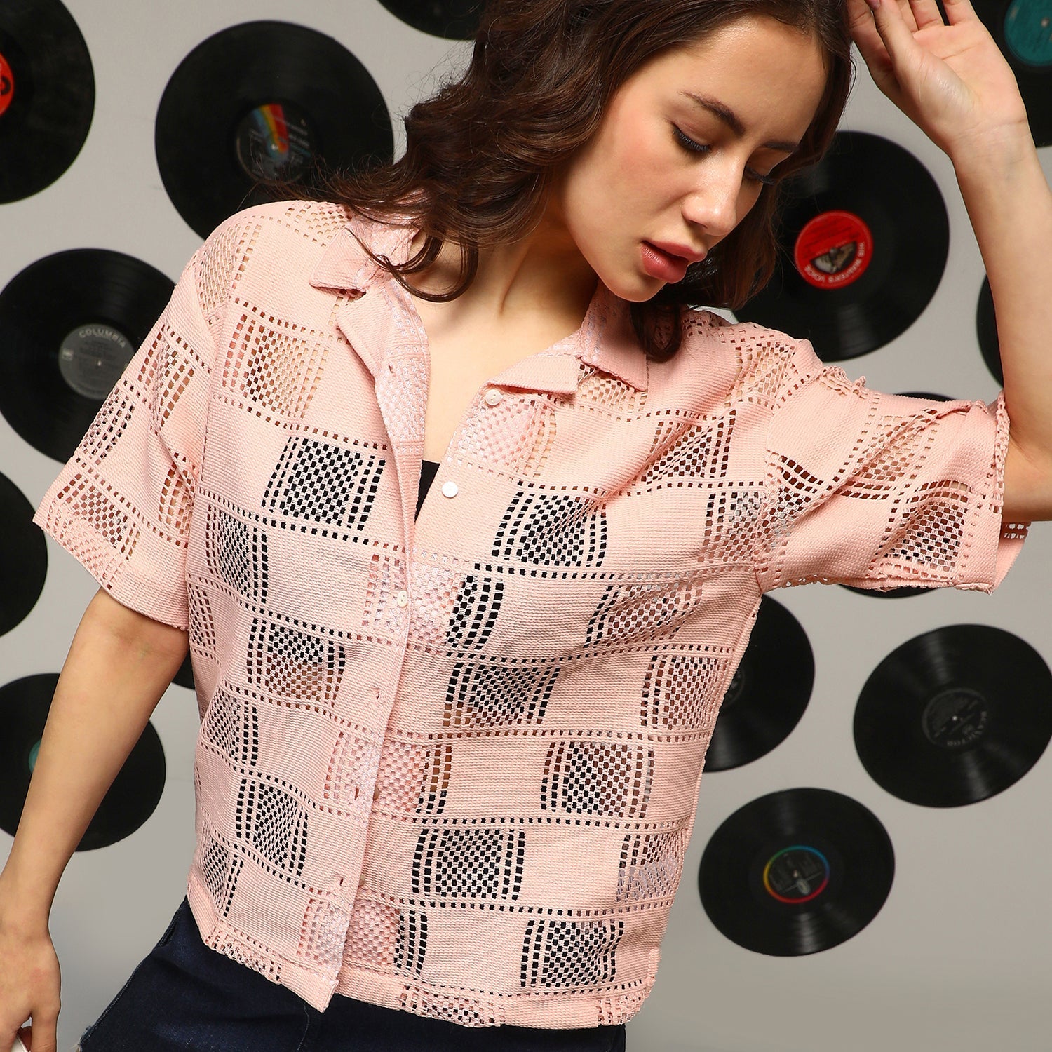 Women Pink Cubic-Mesh Oversized Shirt