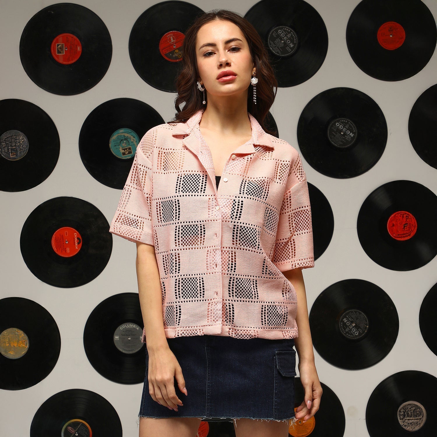 Women Pink Cubic-Mesh Oversized Shirt