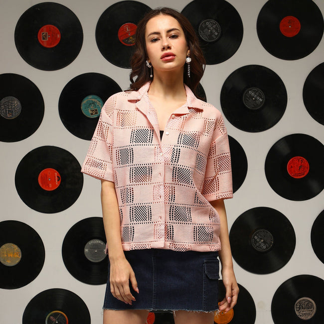 Women Pink Cubic-Mesh Oversized Shirt