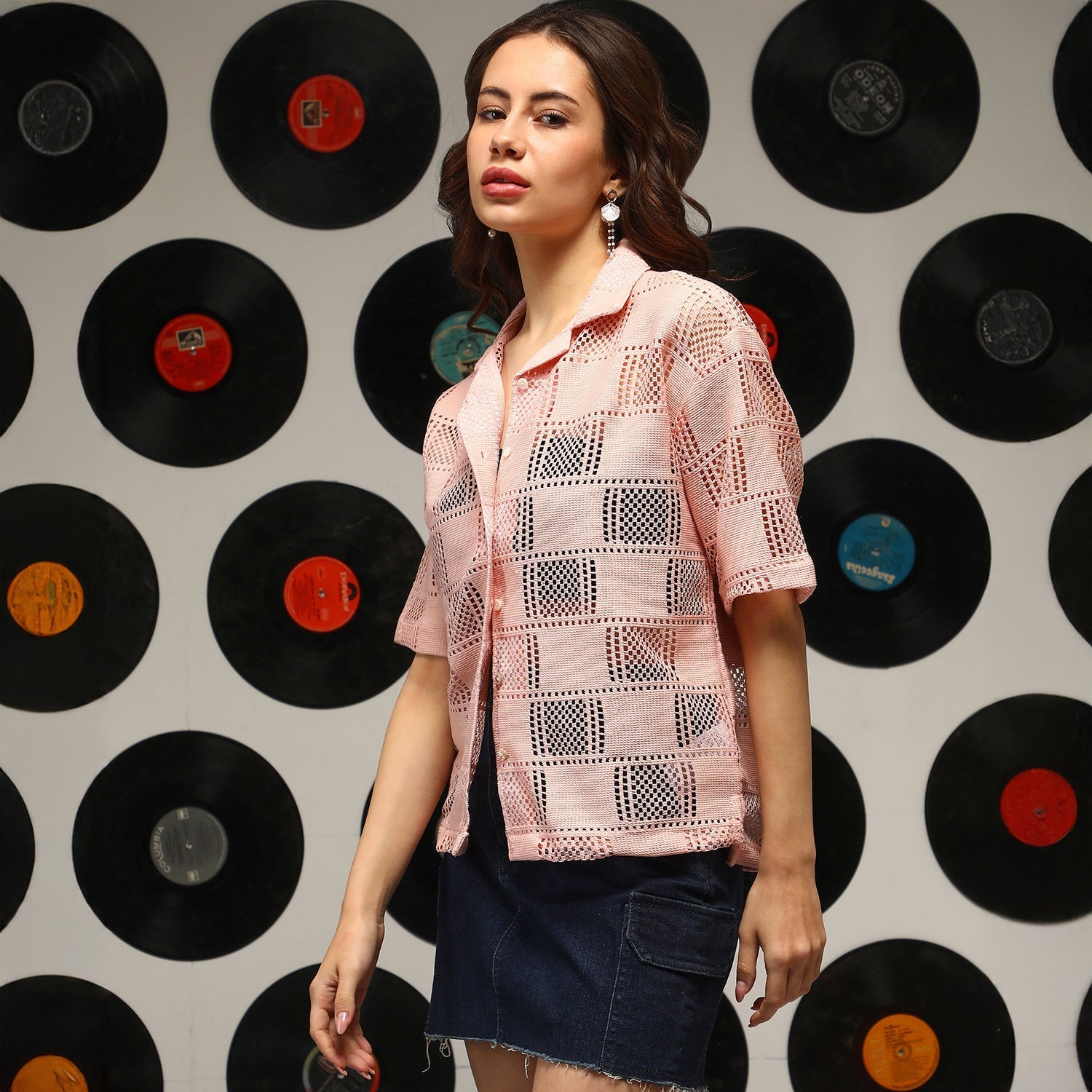 Women Pink Cubic-Mesh Oversized Shirt