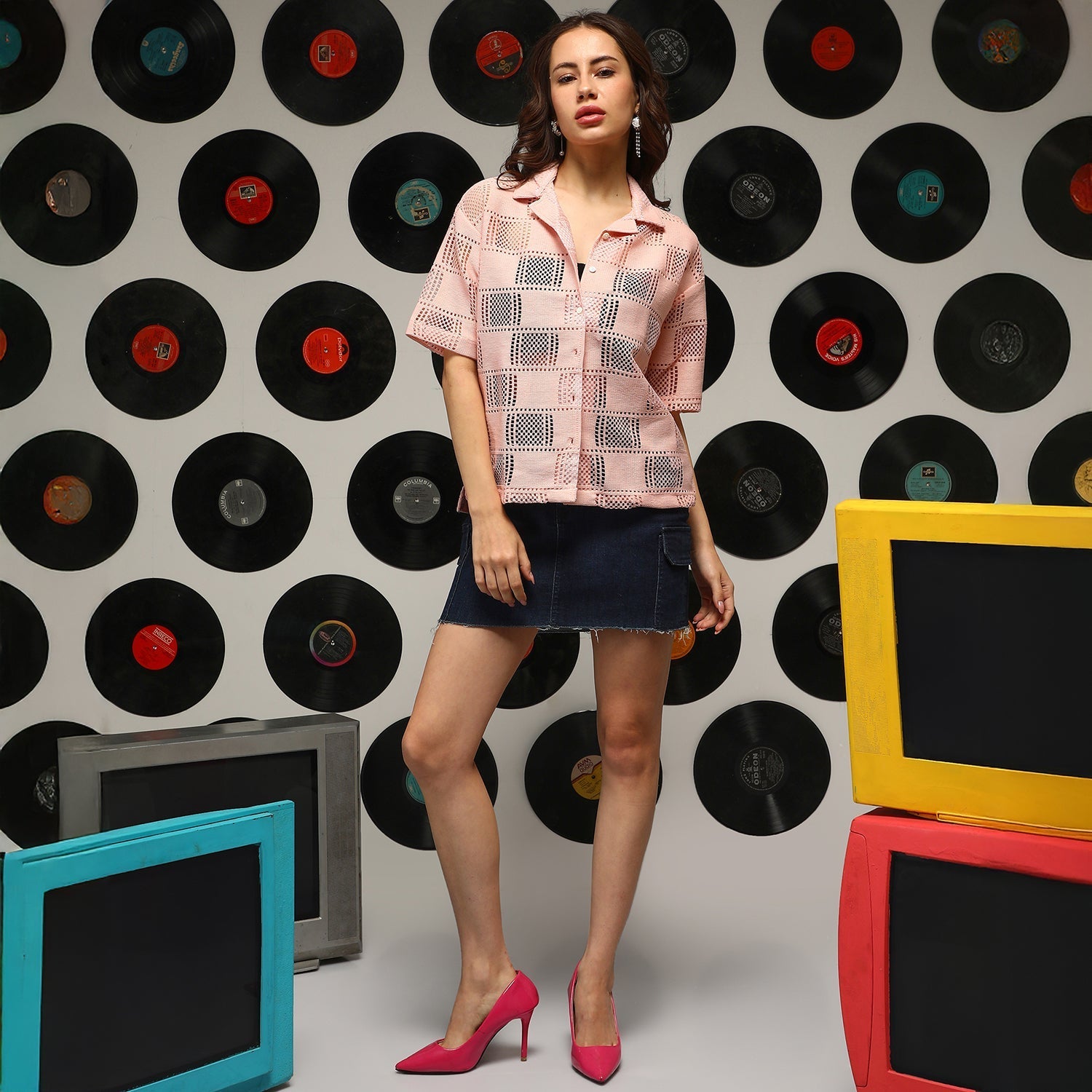 Women Pink Cubic-Mesh Oversized Shirt