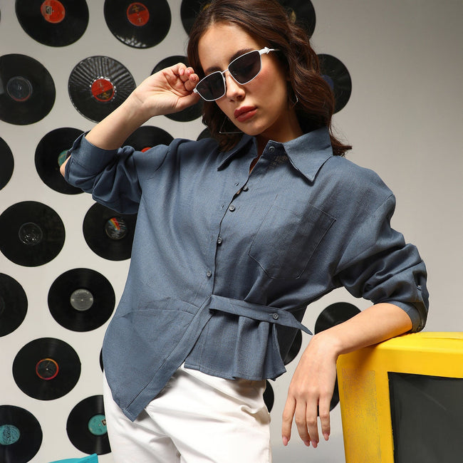 Women Blue Solid Wrap Shirt