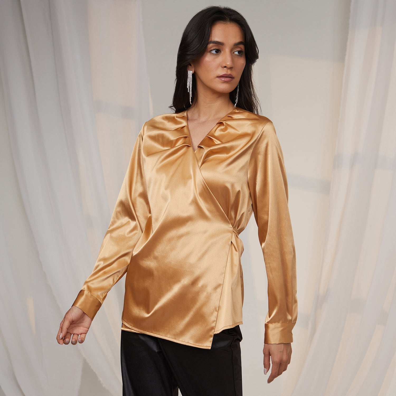 Women Gold California Gold Satin Wrap Top