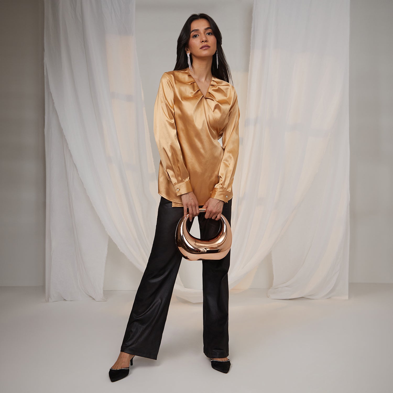 Women Gold California Gold Satin Wrap Top