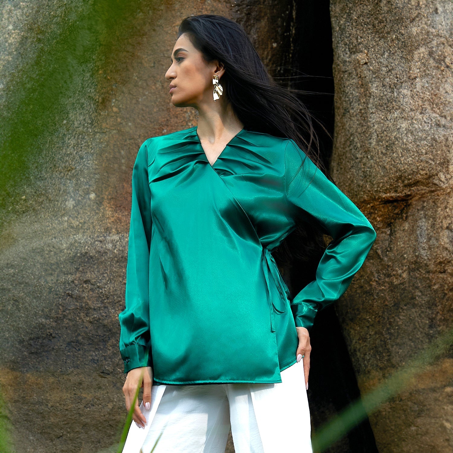 Women Green Satin Wrap Top