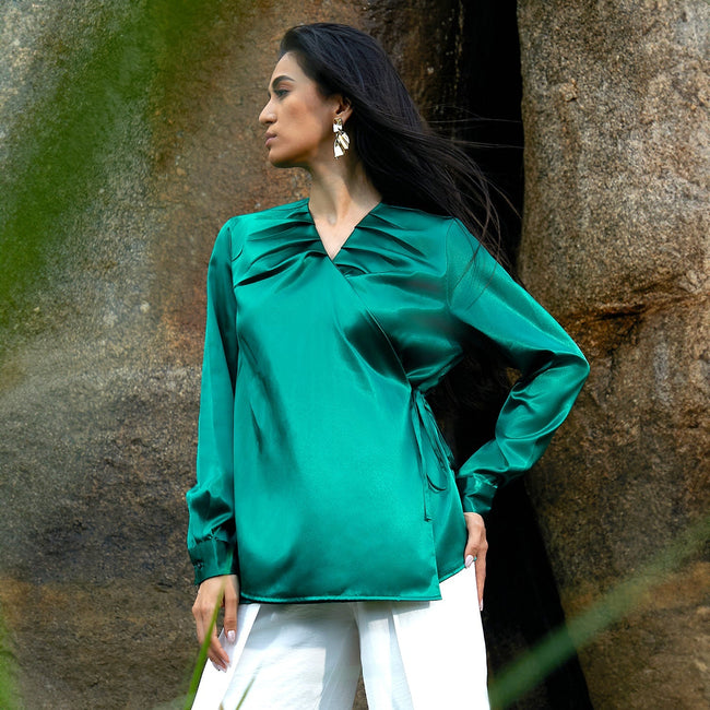 Women Green Satin Wrap Top