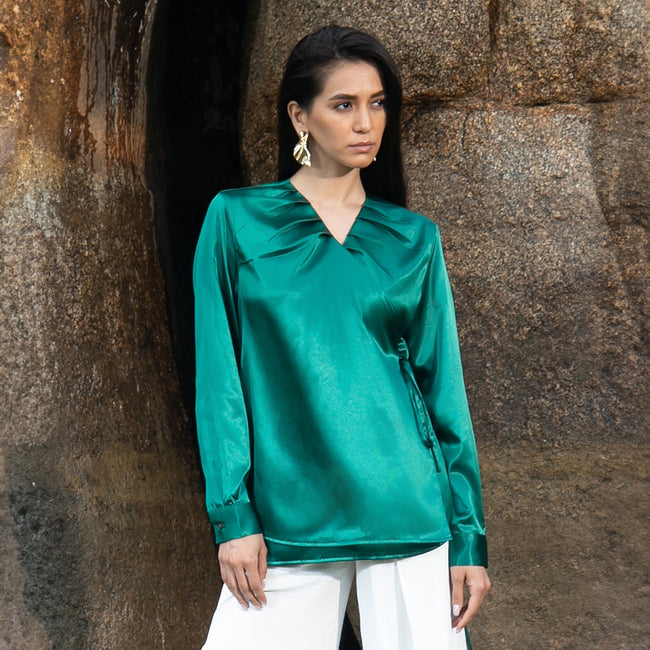 Women Green Satin Wrap Top