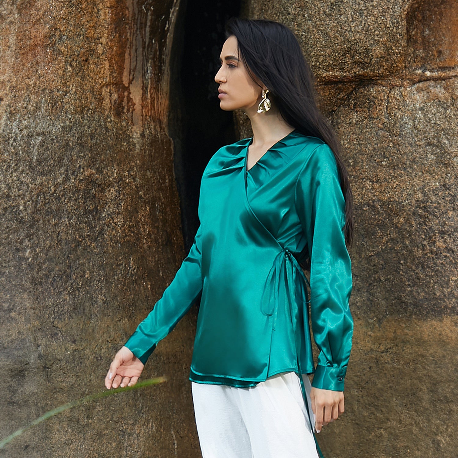 Women Green Satin Wrap Top