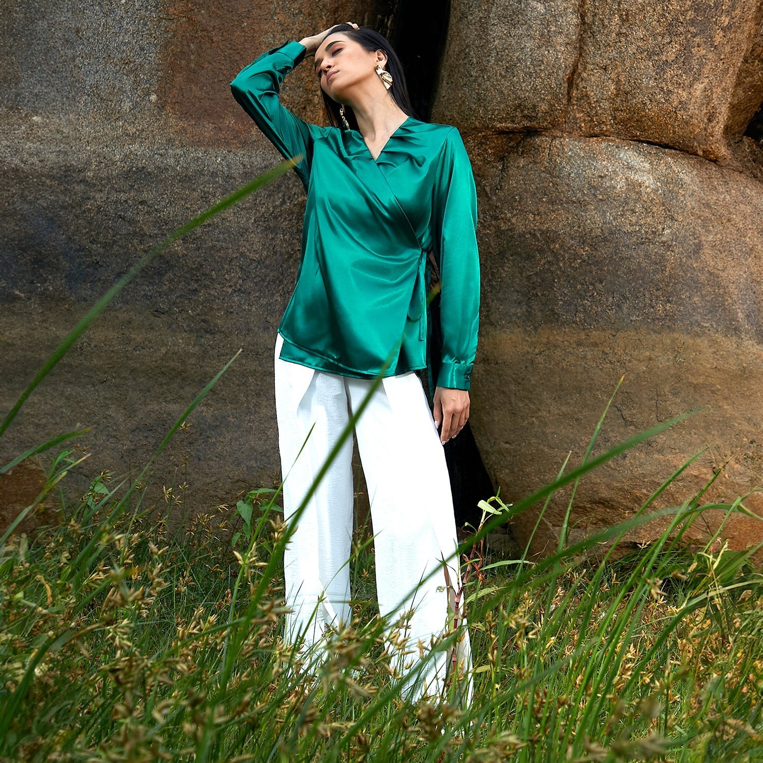 Women Green Satin Wrap Top