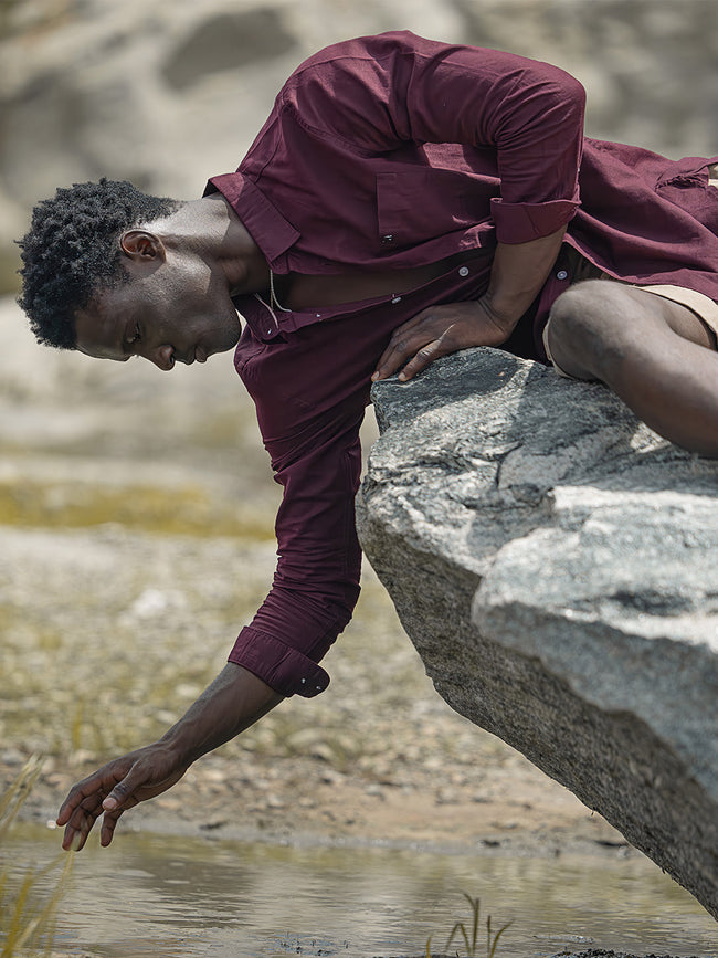 Men Maroon Cotton Linen Solid Shirt