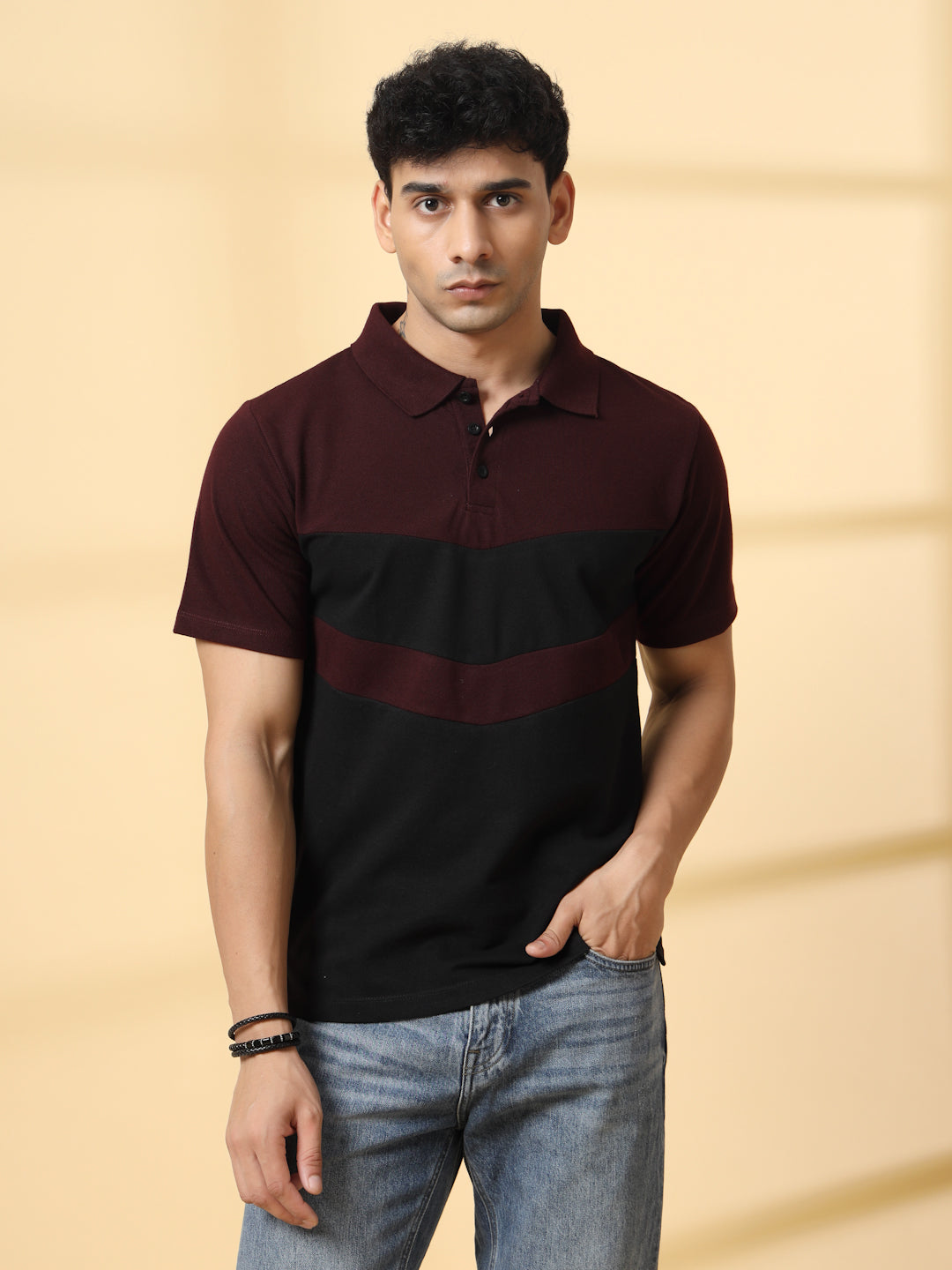 Men Wine Textured Polo T-Shirt