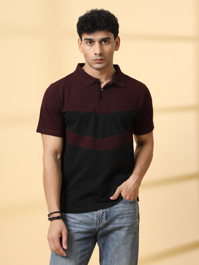 Men Wine Textured Polo T-Shirt
