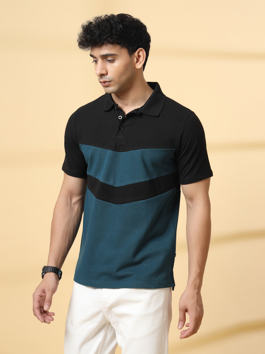 Men Teal Textured Polo T-Shirt
