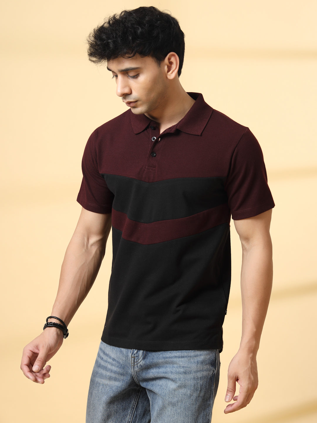 Men Wine Textured Polo T-Shirt