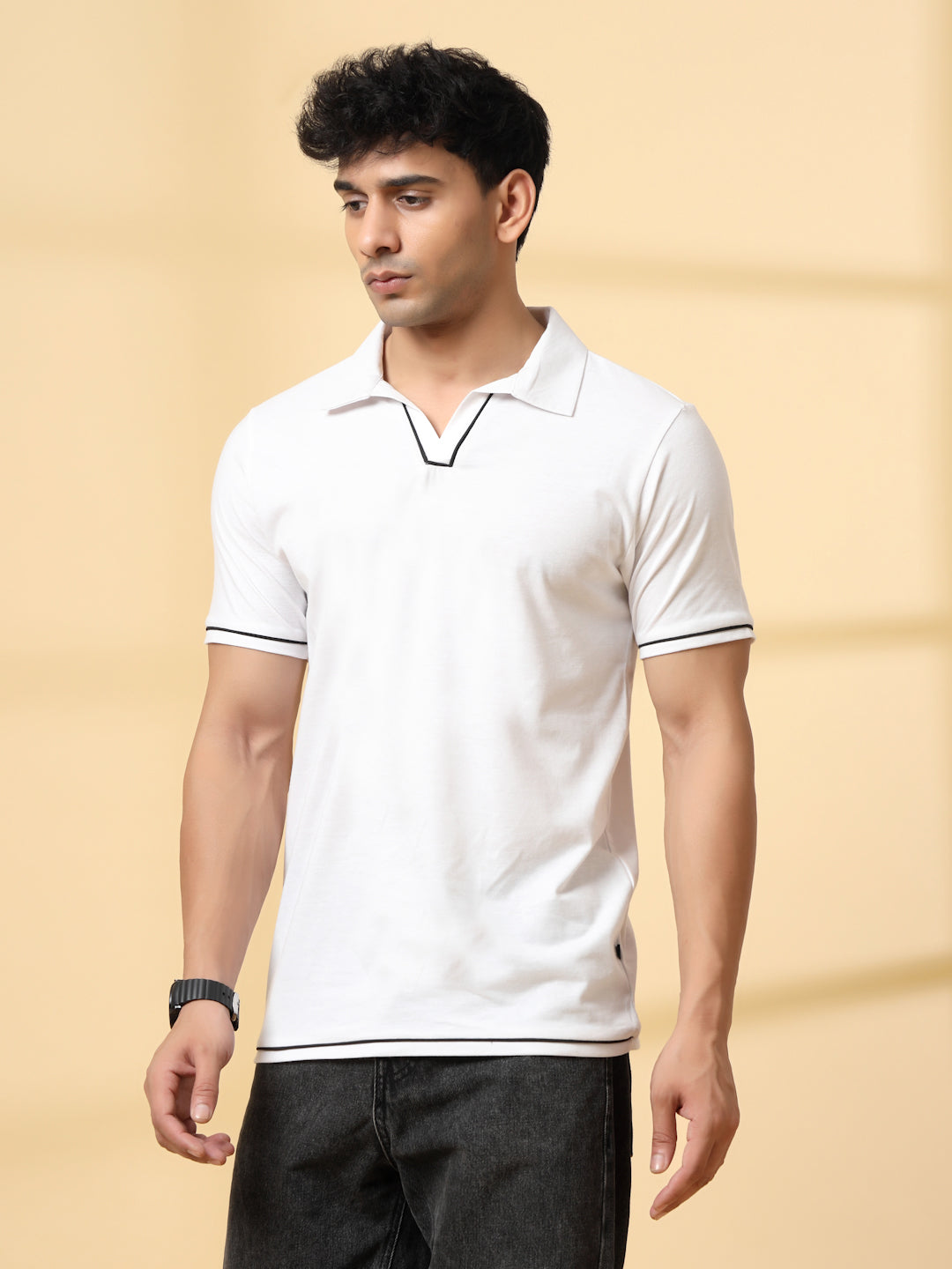 Men White Polo T-Shirt With Contrast Piping
