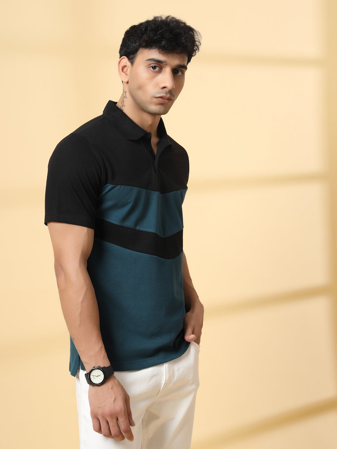 Men Teal Textured Polo T-Shirt