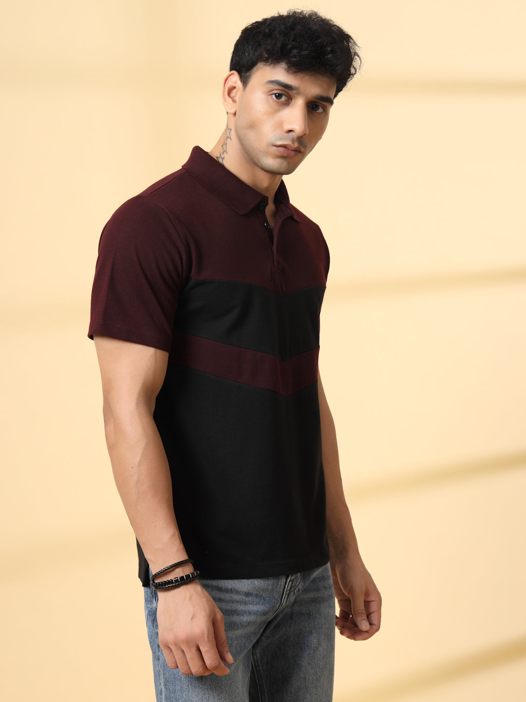 Men Wine Textured Polo T-Shirt