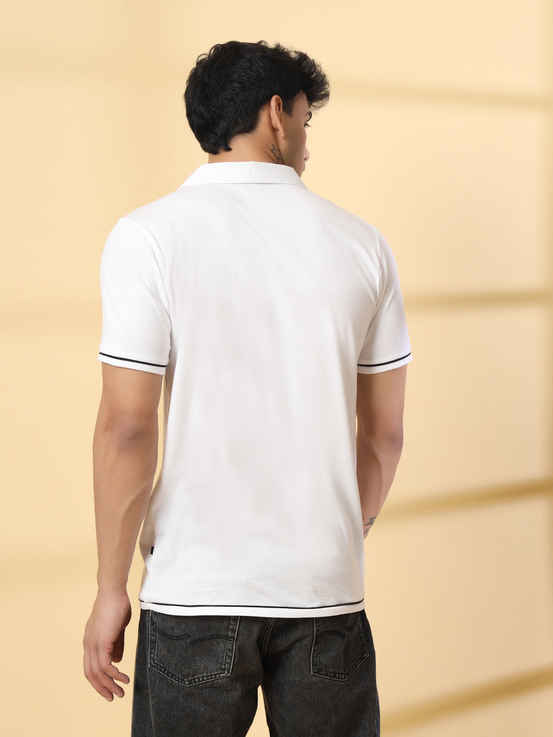 Men White Polo T-Shirt With Contrast Piping