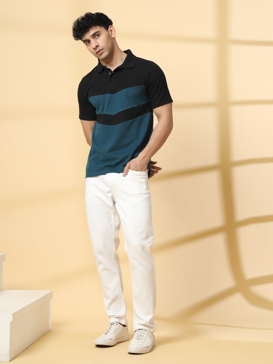 Men Teal Textured Polo T-Shirt