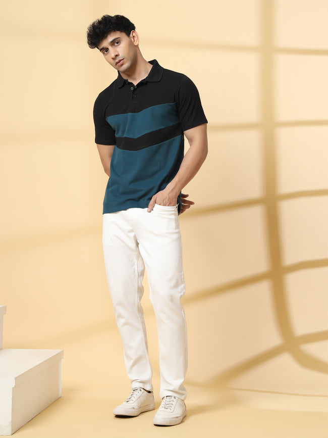 Men Teal Textured Polo T-Shirt
