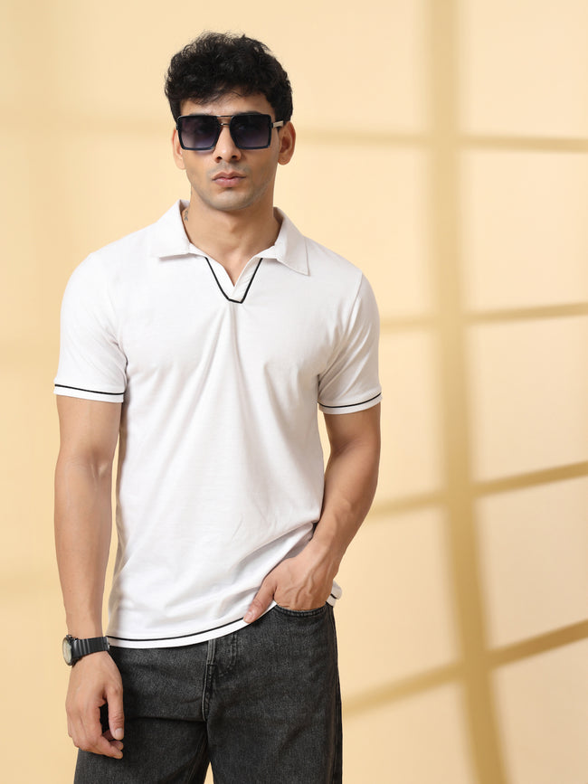 Men White Polo T-Shirt With Contrast Piping