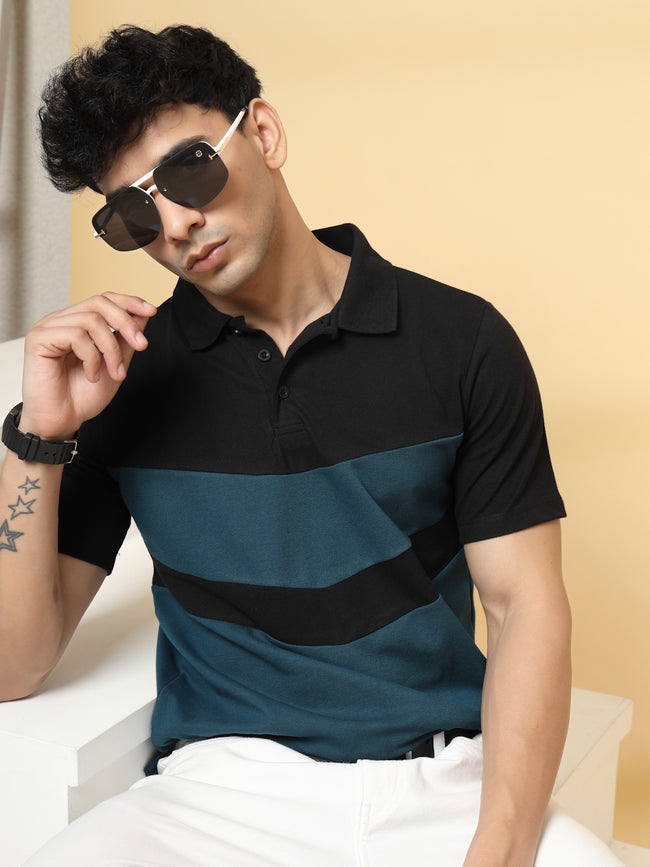 Men Teal Textured Polo T-Shirt
