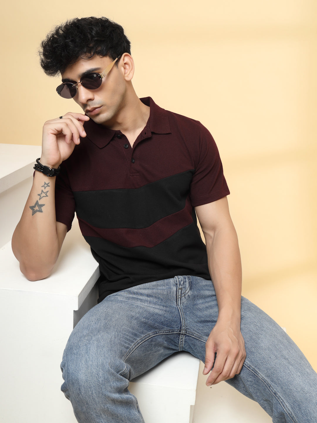 Men Wine Textured Polo T-Shirt