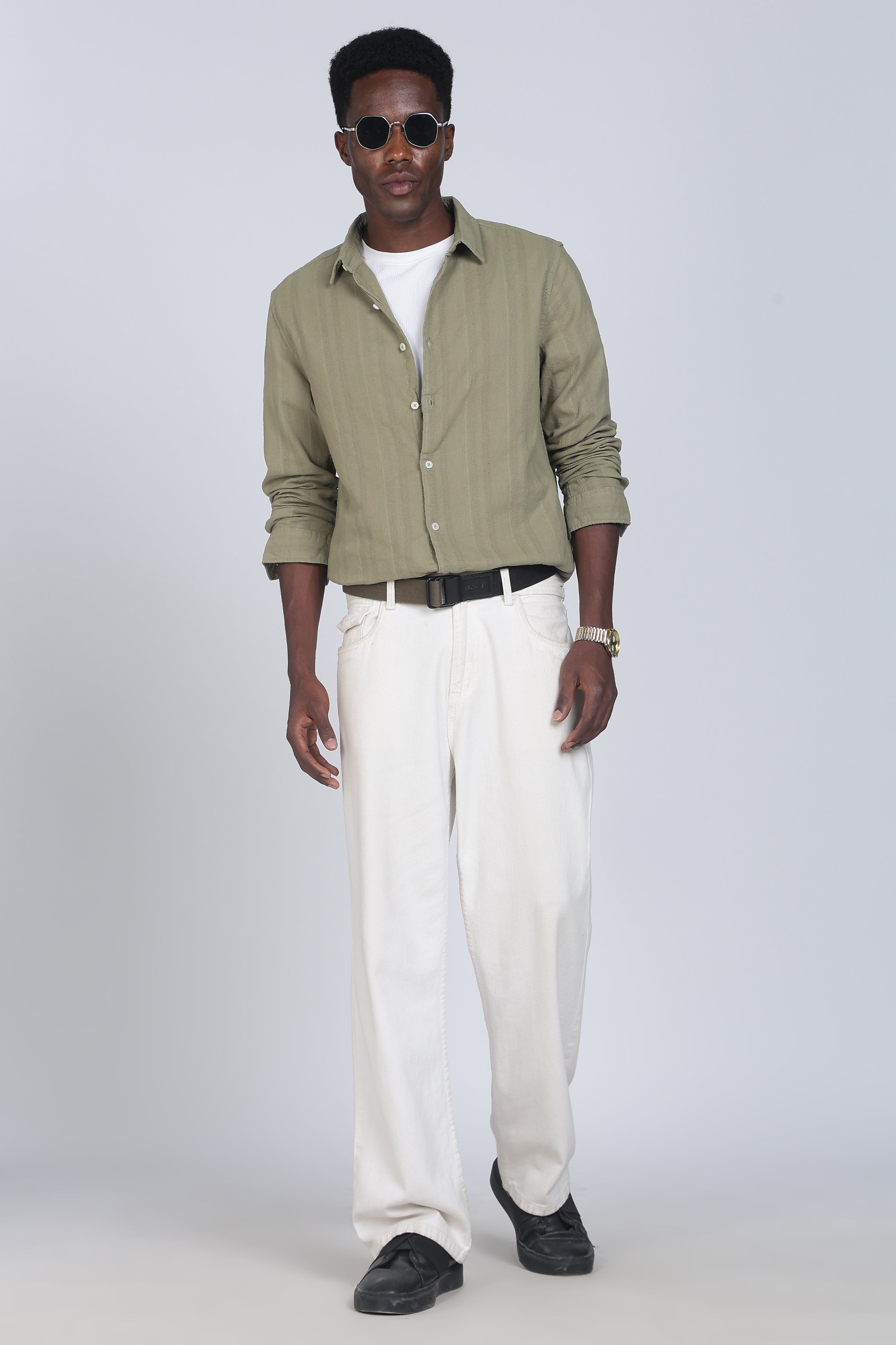 Men Olive Self Design Shirt