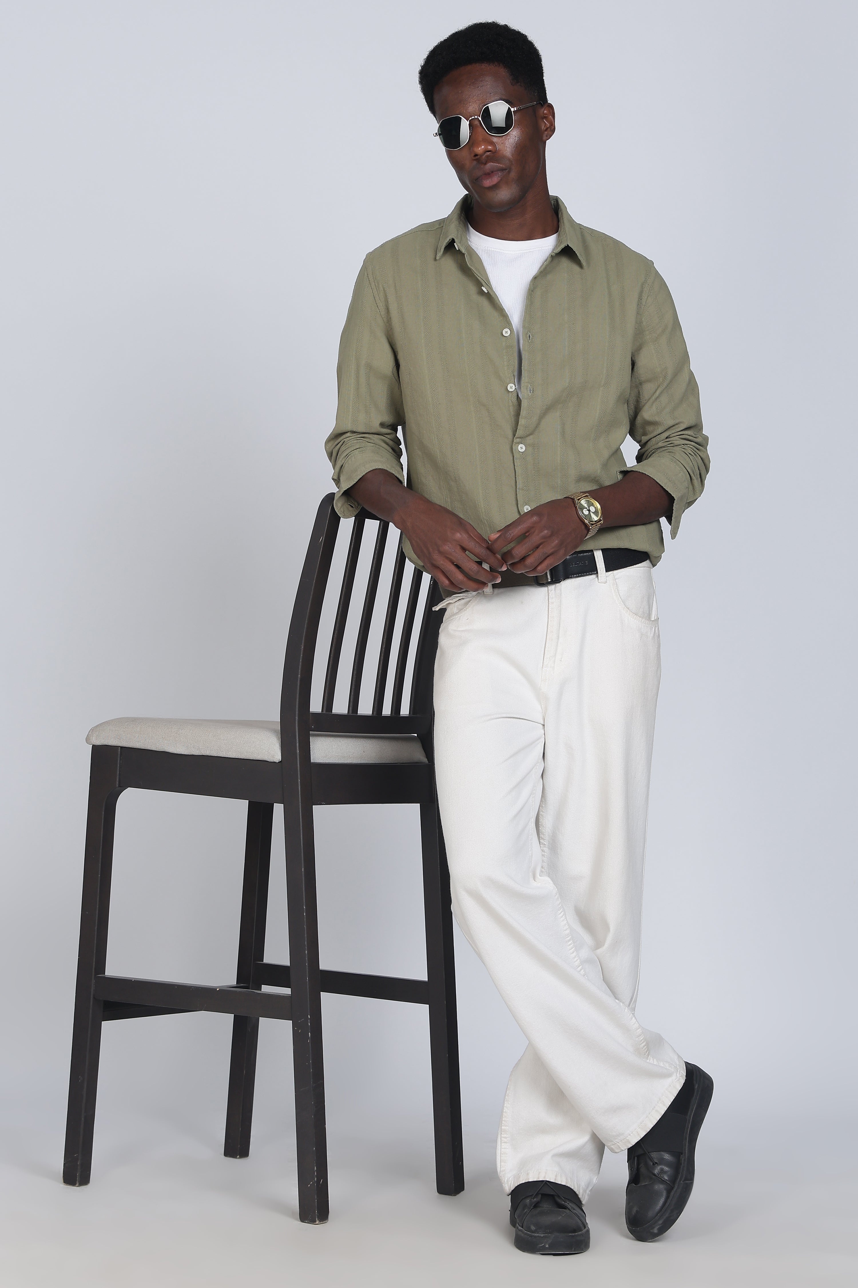 Men Olive Self Design Shirt