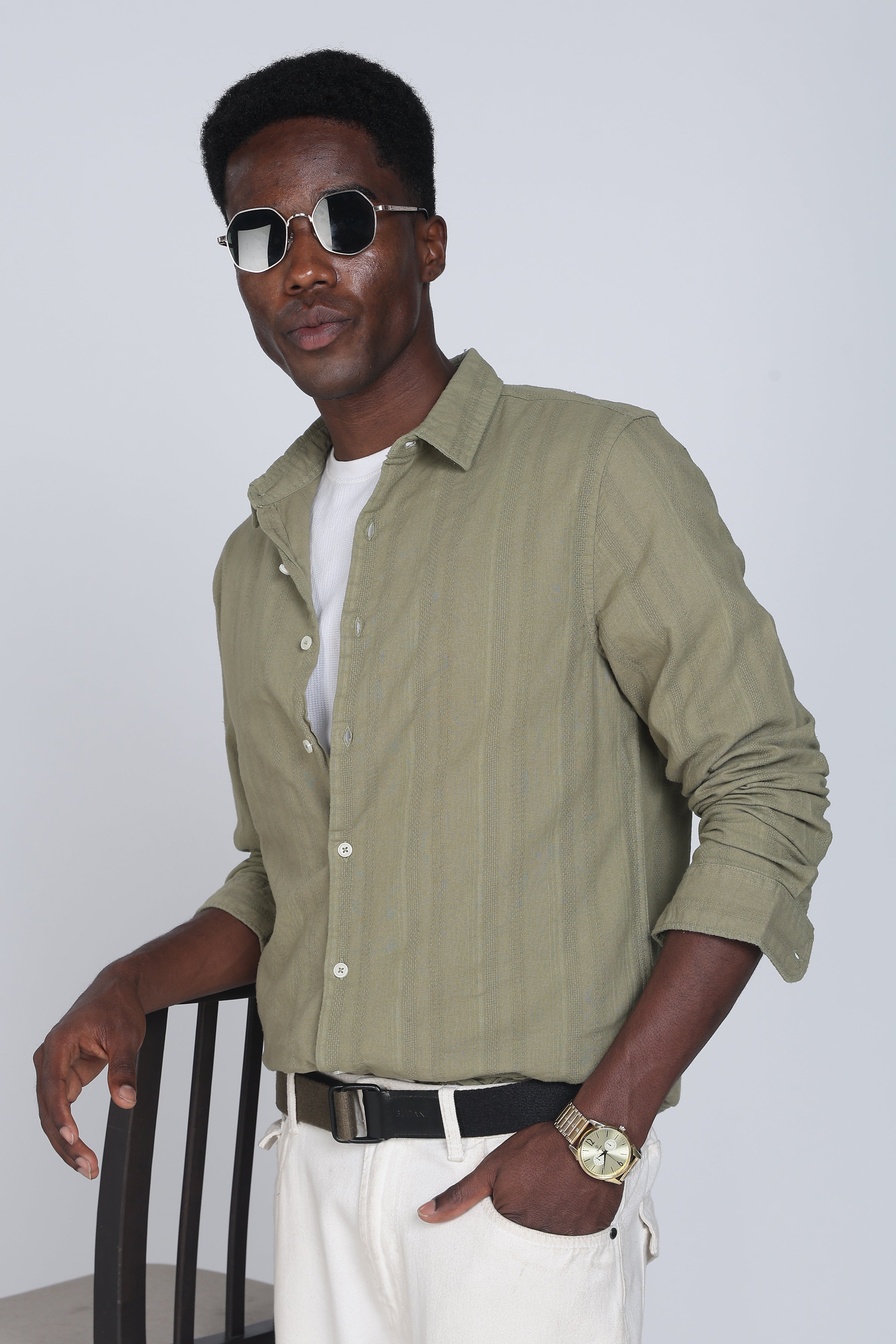 Men Olive Self Design Shirt