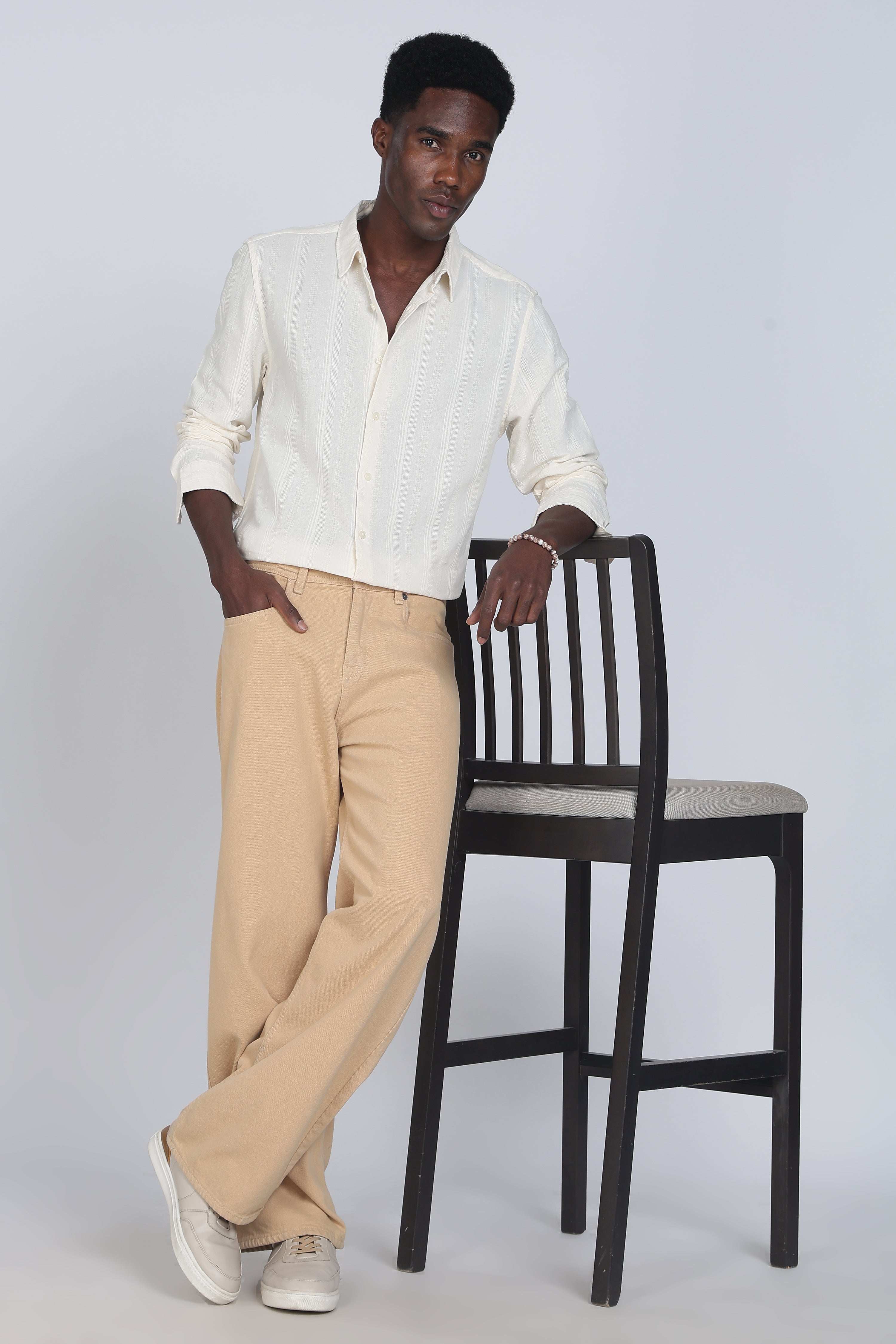 Men Cream Self Design Shirt