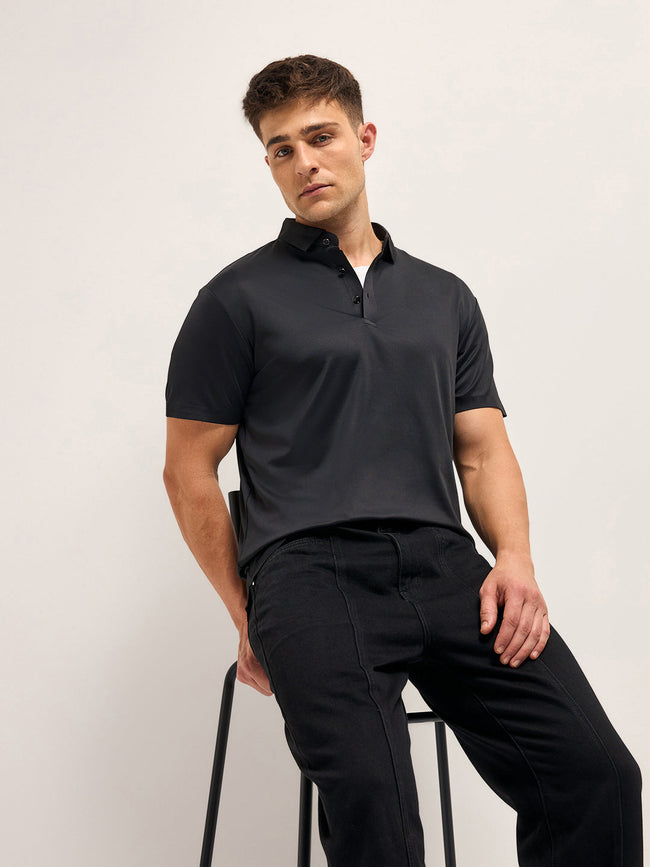 Men Black Self Design Slim Fit Classic Polo T-shirt
