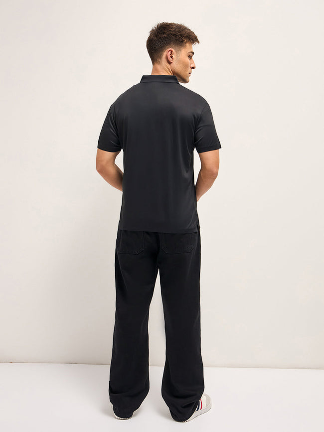 Men Black Self Design Slim Fit Classic Polo T-shirt