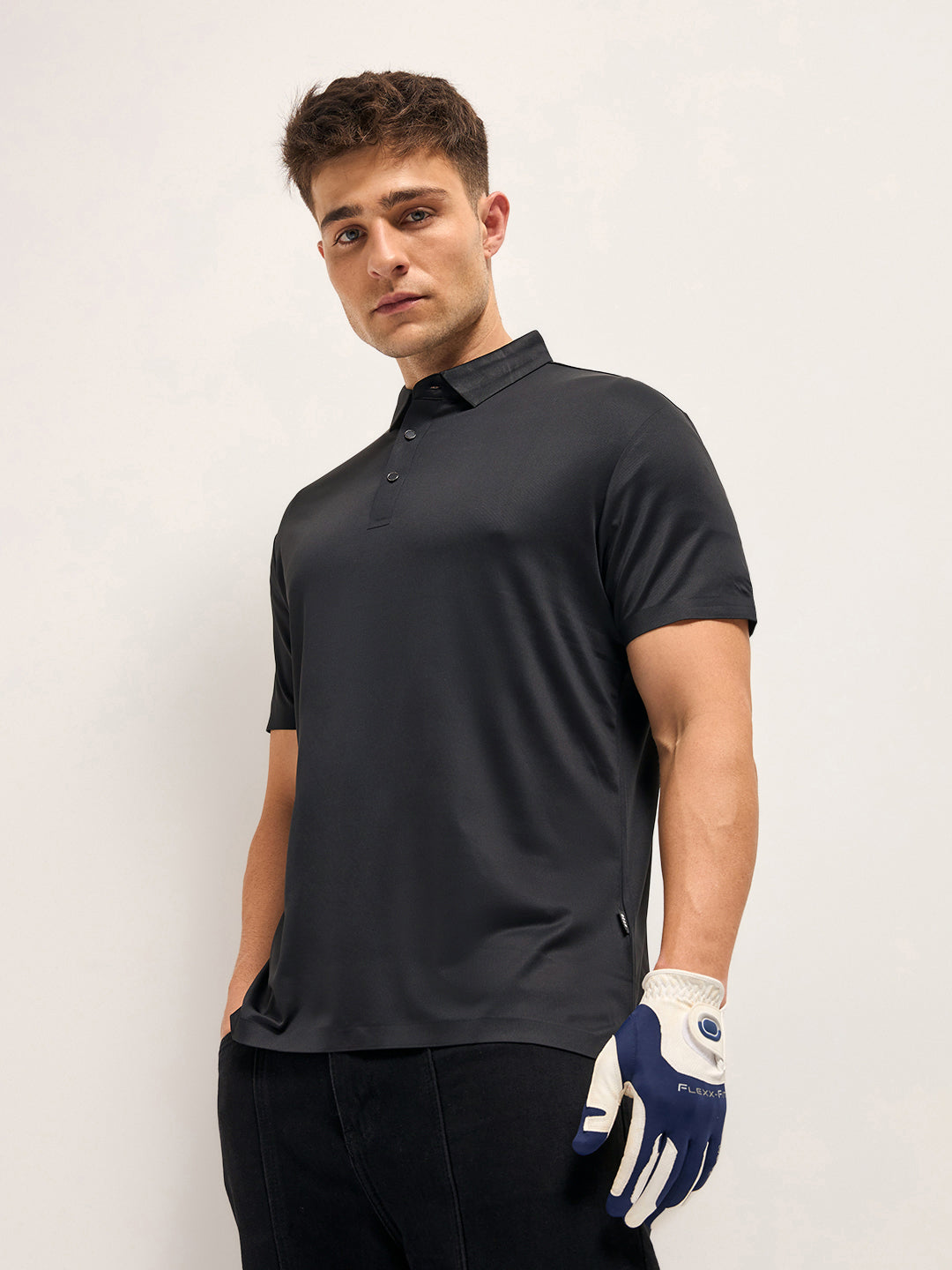 Men Black Self Design Slim Fit Classic Polo T-shirt