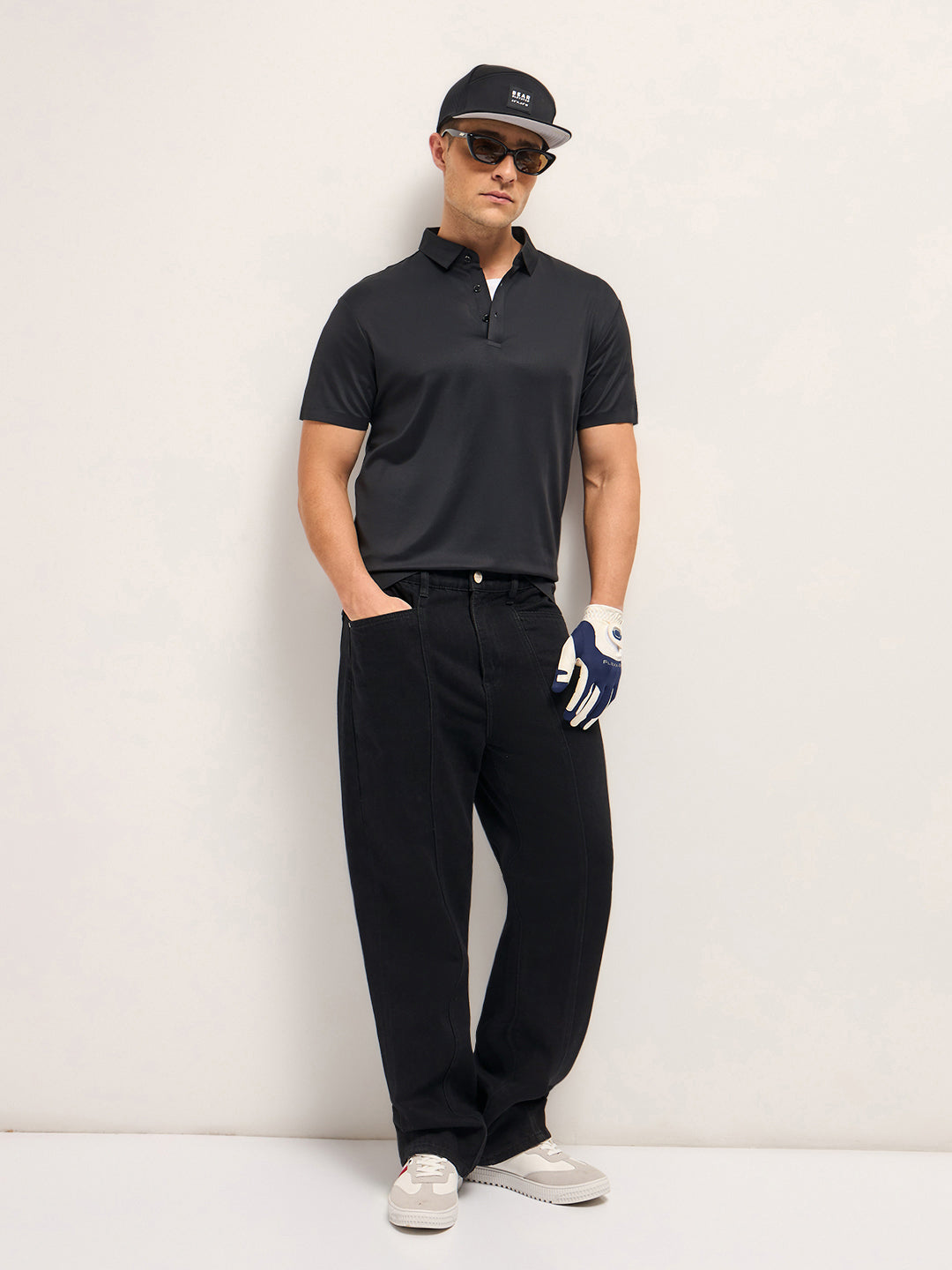 Men Black Self Design Slim Fit Classic Polo T-shirt