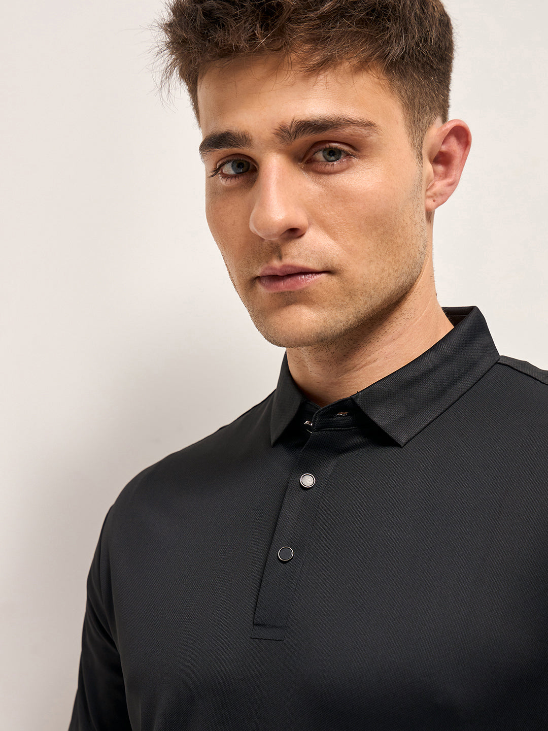 Men Black Self Design Slim Fit Classic Polo T-shirt