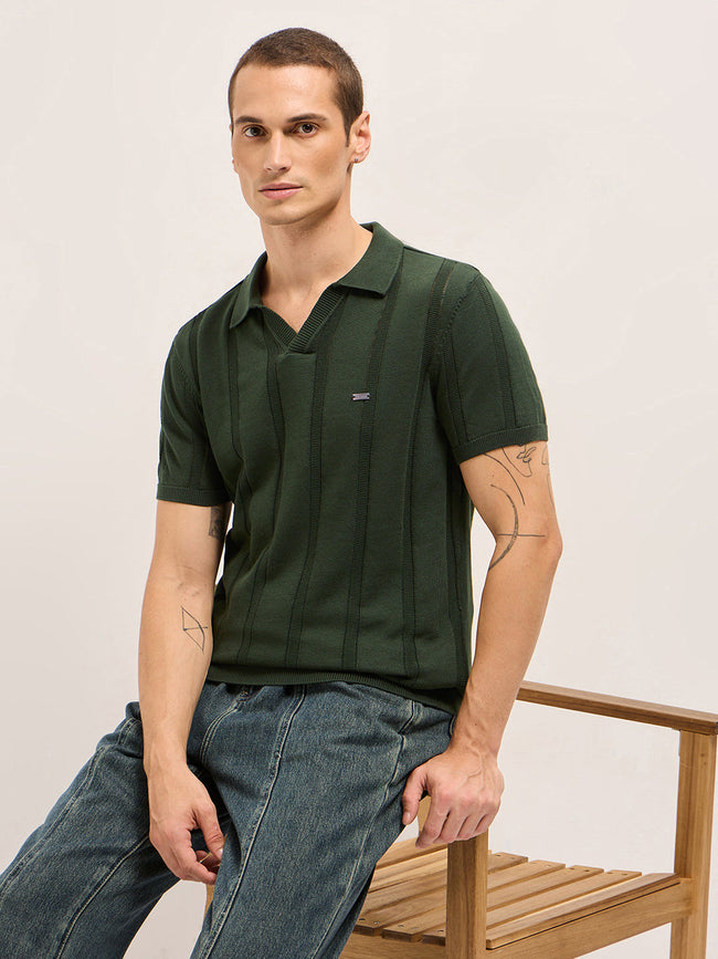Men Olive Textured vertical knit stripes Slim Fit Polo