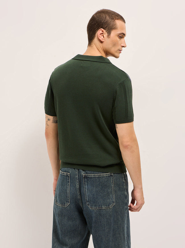 Men Olive Textured vertical knit stripes Slim Fit Polo