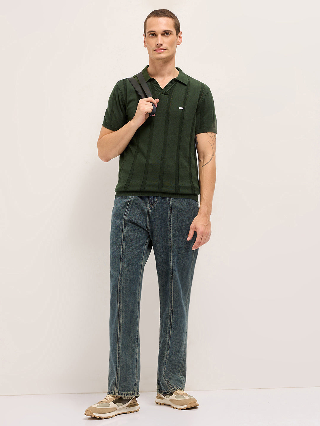 Men Olive Textured vertical knit stripes Slim Fit Polo