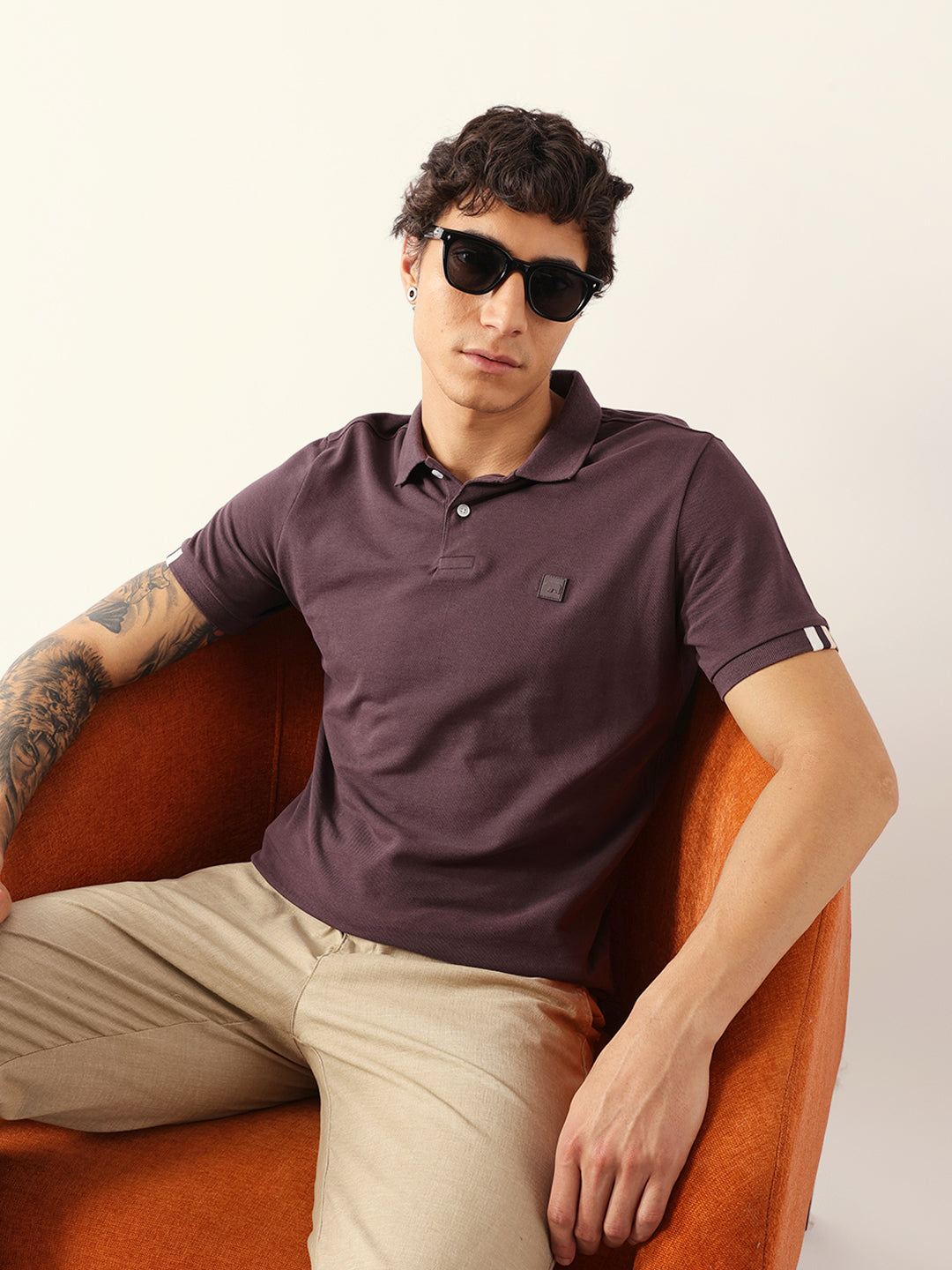 Men Brown Solid Cotton Polo