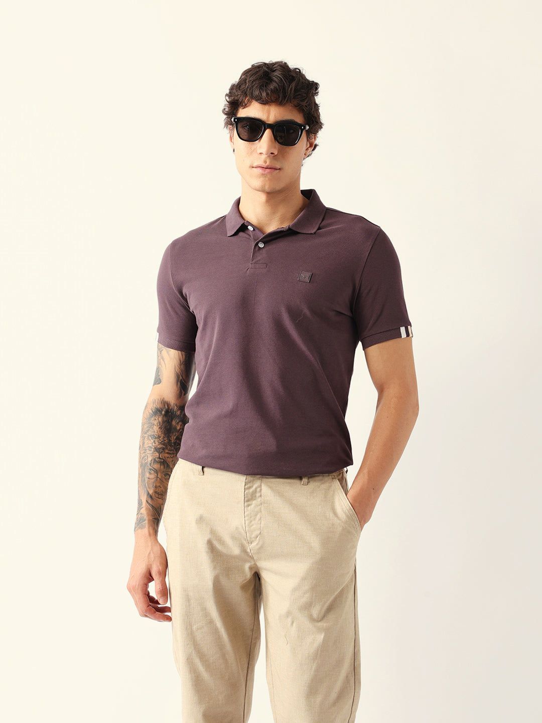 Men Brown Solid Cotton Polo