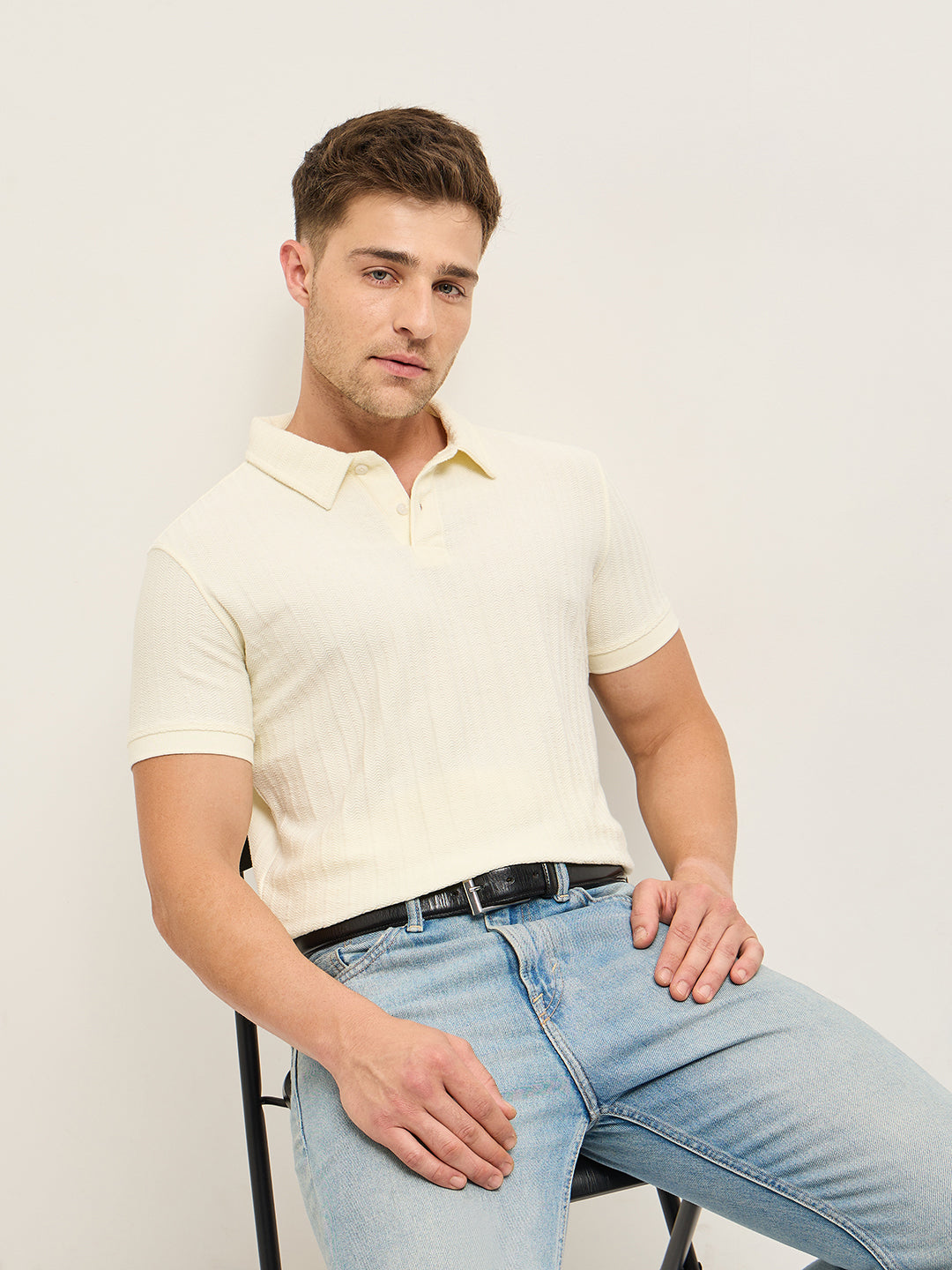 Men Off-White Texture Slim Fit Polo