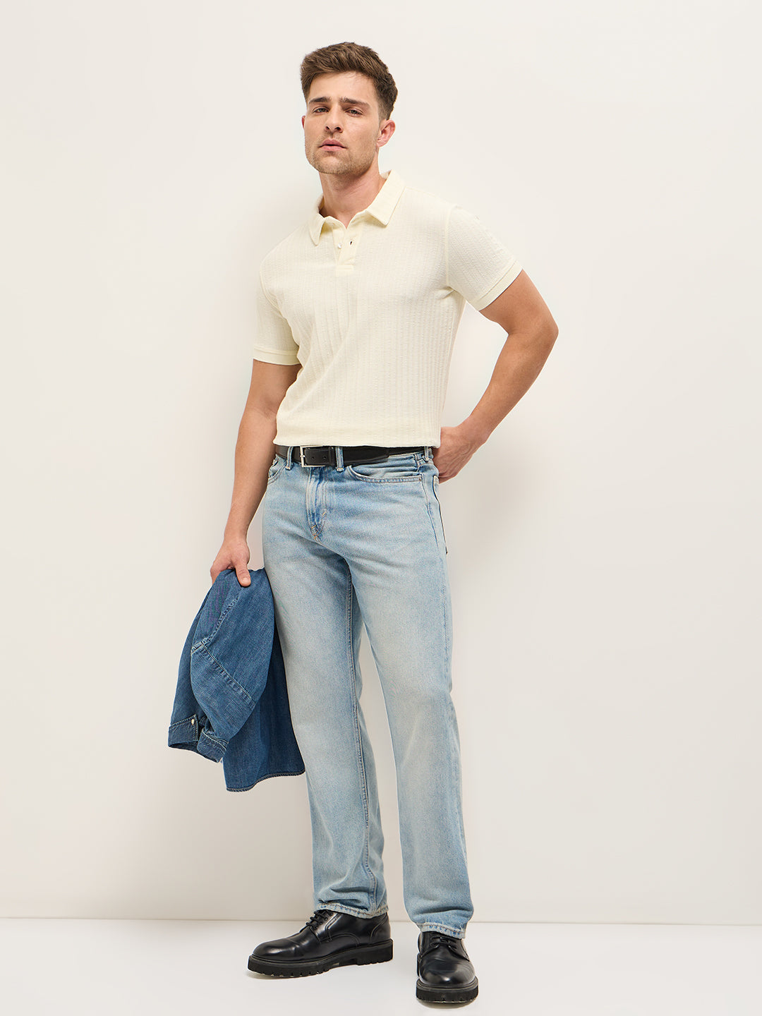 Men Off-White Texture Slim Fit Polo