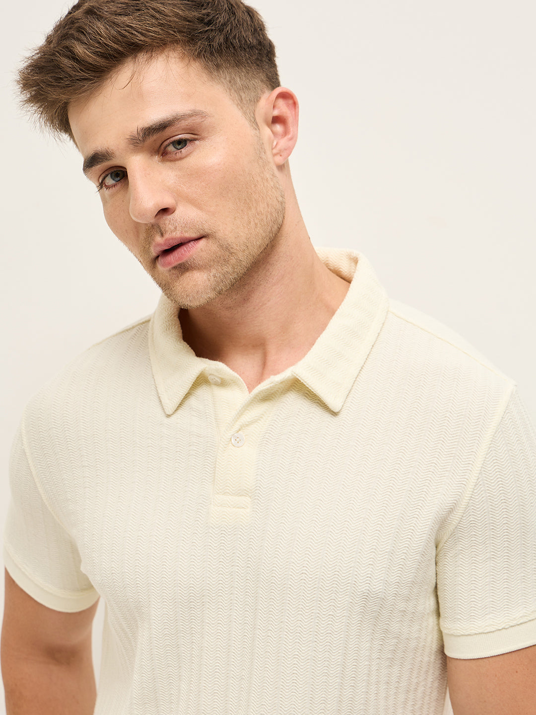 Men Off-White Texture Slim Fit Polo