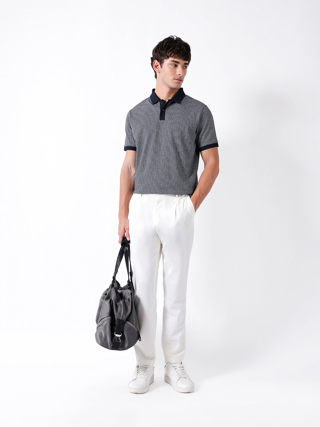 Men Blue Self Design Cotton Polo T-Shirt